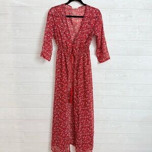 Fashion Collection Women’s Red Floral Shear Button Up Dress/Shirt. Size M